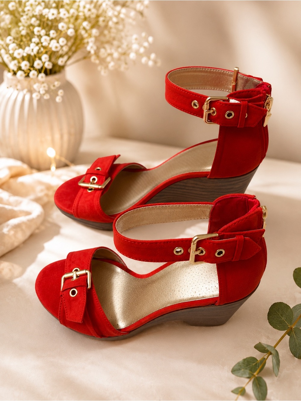 G by Guess Red Suede Ankle-Strap Wedge Sandals - Picture 3 of 4